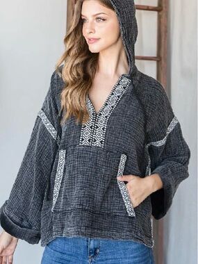 Oli & Hali Charcoal Gauze Hoodie Boho Pullover Top Small Kangaroo Pocket
